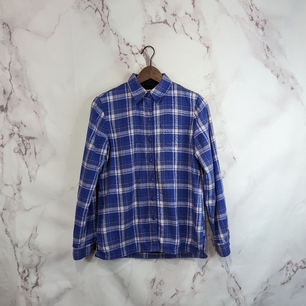 LL Bean Shirt Jacket Size XS Women Purple Plaid Fleece Lined Shacket Oversized